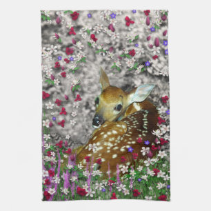 Bambina the White-Tailed Fawn in Flowers I Tea Towel