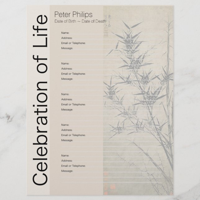 Bamboo 1 Memorial Guest Book Binder Filler Pages (Front)