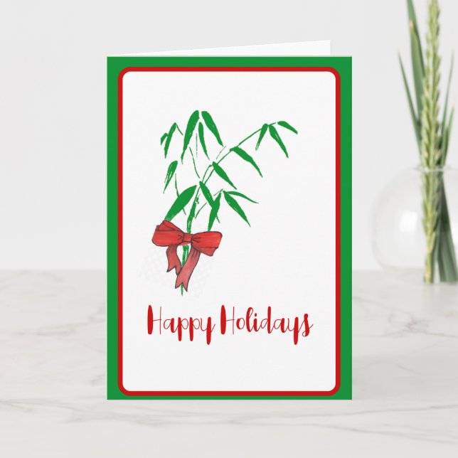 Bamboo and Red Bow Customisable Holiday Card (Front)