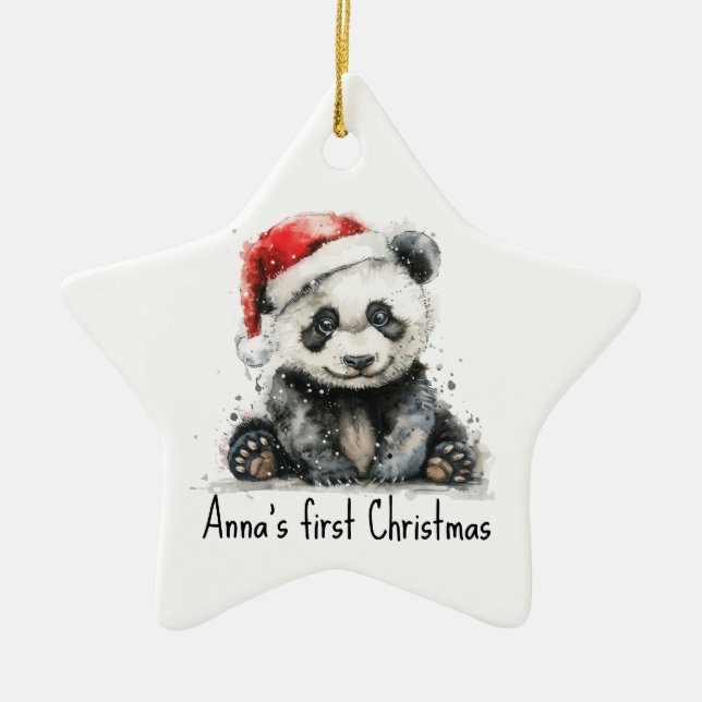 Bamboo Bear's First Christmas, custom Ceramic Tree Decoration (Front)