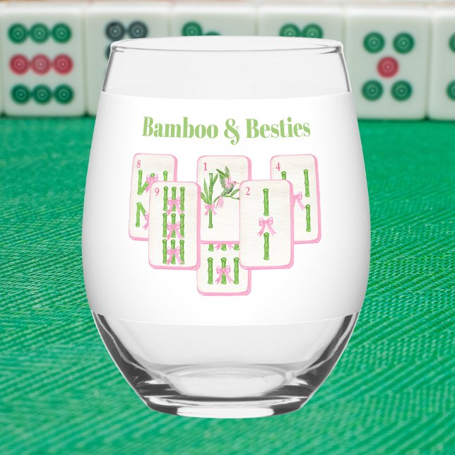 Bamboo & Besties Mahjong Personalized Coquette  Stemless Wine Glass (Creator Uploaded)