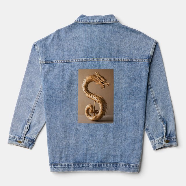 Bamboo Dragon Elegance: Women's Denim Jeans Jacket (Back)