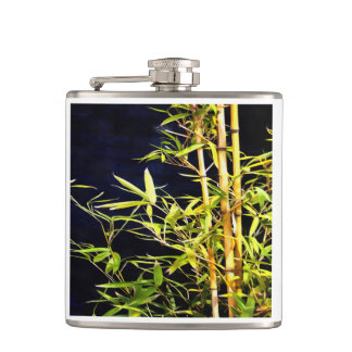 Bamboo Foliage Tropical Art On Black Hip Flask