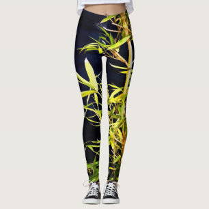 Bamboo Foliage Tropical Art On Black Leggings