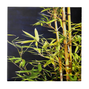 Bamboo Foliage Tropical Art On Black Tile