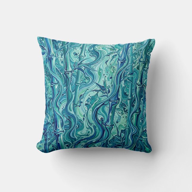 Bamboo Forest Ocean Blue Throw Pillow (Front)
