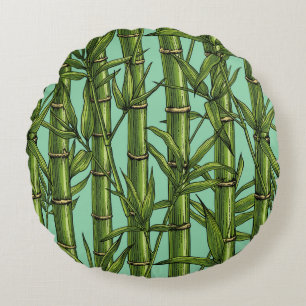 Bamboo forest on light blue round cushion