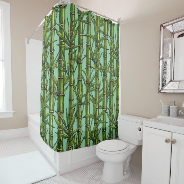 Bamboo forest on light blue shower curtain (In Situ)