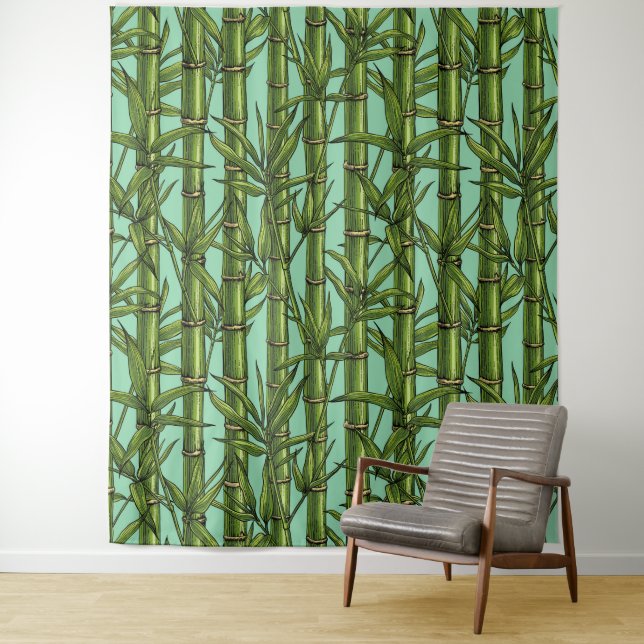 Bamboo forest on light blue tapestry (In Situ)
