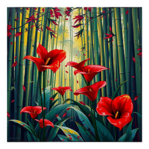 bamboo forest with red callas poster