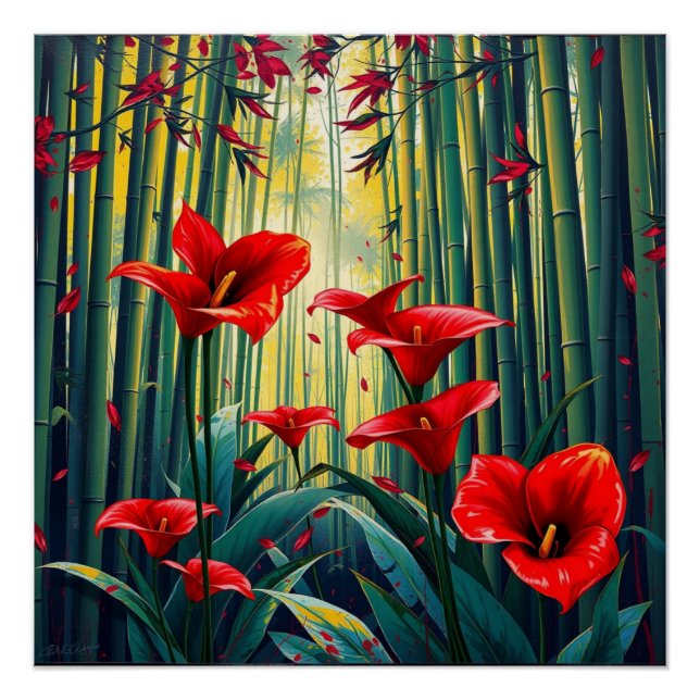 bamboo forest with red callas poster (Front)