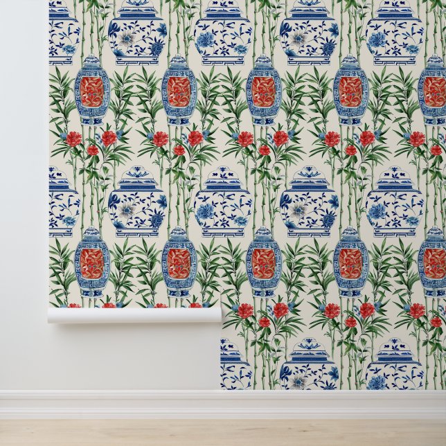 Bamboo Ginger Jar Chinese Pattern Peel And Stick Wallpaper (Application)