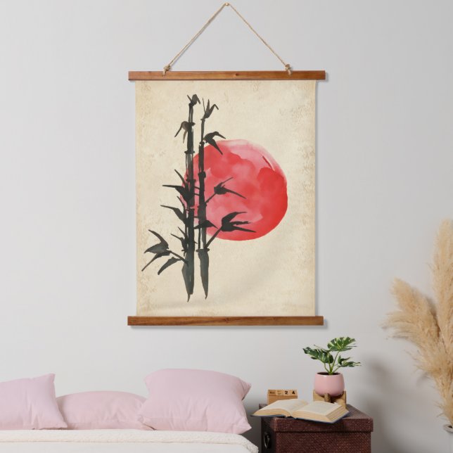 Bamboo in front of a red sun hanging tapestry (Bedroom)