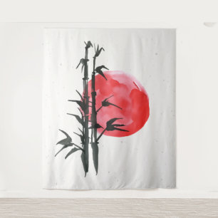 Bamboo in front of a red sun tapestry