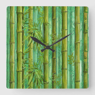 Bamboo Jungle Grove Warm Cool Greens Square Wall Clock