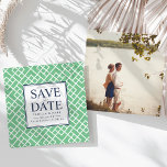 Bamboo Lattice Save the Date<br><div class="desc">Announce your wedding in preppy Palm Beach style with our bamboo patterned save the date cards in green and navy. Unique square cards feature your wedding details (names, date and location) displayed in the centre on a white square with "save the date" in a mix of navy blue block and...</div>