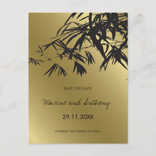 Bamboo Leaves Black + Gold Save The Date Postcard (Front)