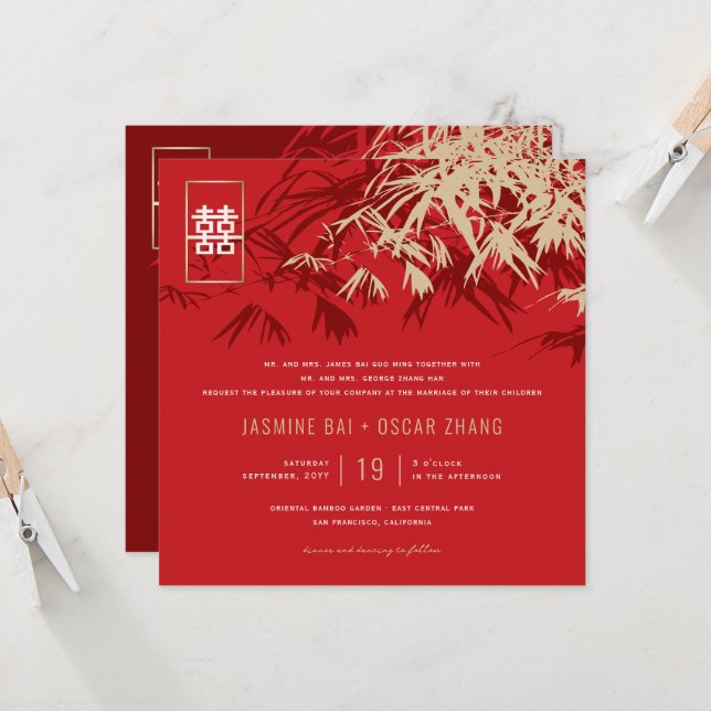 Bamboo Leaves Double Happiness Chinese Wedding Invitation (Front/Back In Situ)
