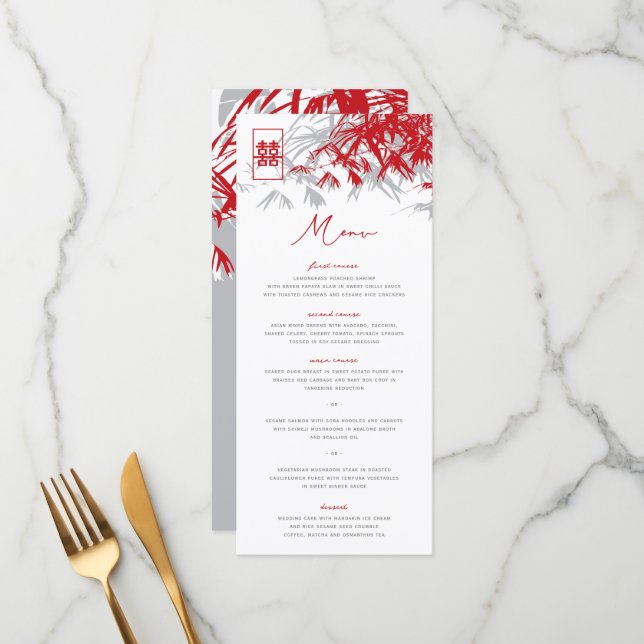 Bamboo Leaves Double Happiness Wedding Menu Card (Front/Back In Situ)