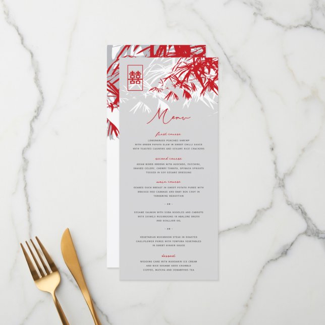 Bamboo Leaves Double Happiness Wedding Menu Card (Front/Back In Situ)
