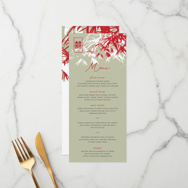 Bamboo Leaves Double Happiness Wedding Menu Card (Front/Back In Situ)