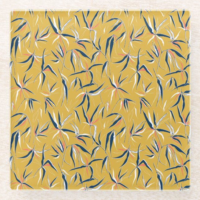 Bamboo Leaves: Tossed Vintage Pattern Glass Coaster (Front)