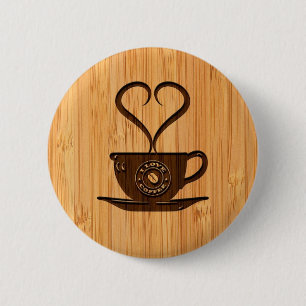Bamboo Look & Engraved Cute I Love Coffee 6 Cm Round Badge