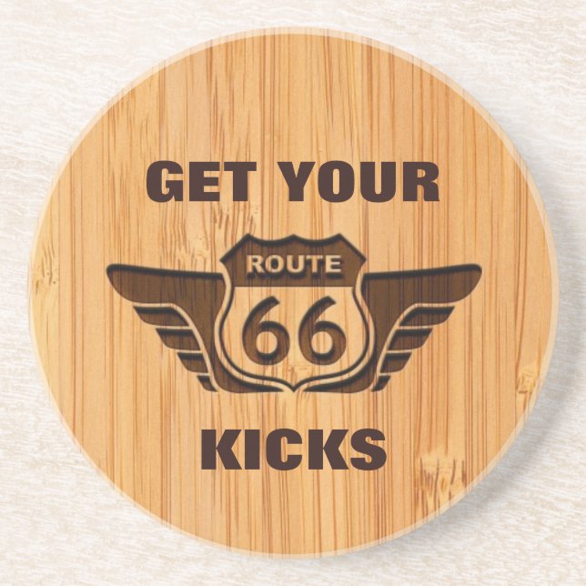 Bamboo Look & Engraved Get Your Kicks on Route 66 Coaster (Front)