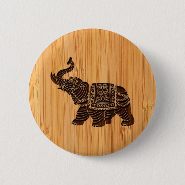 Bamboo Look & Engraved Retro Thai Elephant 6 Cm Round Badge (Front)