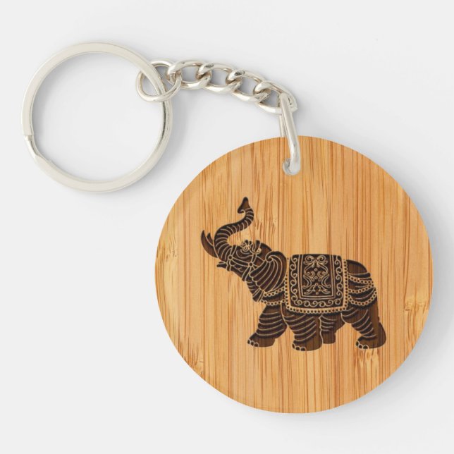 Bamboo Look & Engraved Retro Thai Elephant Key Ring (Front)