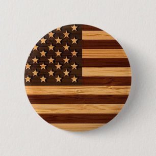 Bamboo Look & Engraved Vintage American USA Flag 6 Cm Round Badge