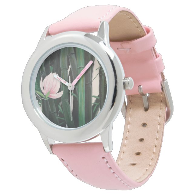 Bamboo magnolias - custom watch, leather band watch (Angled)