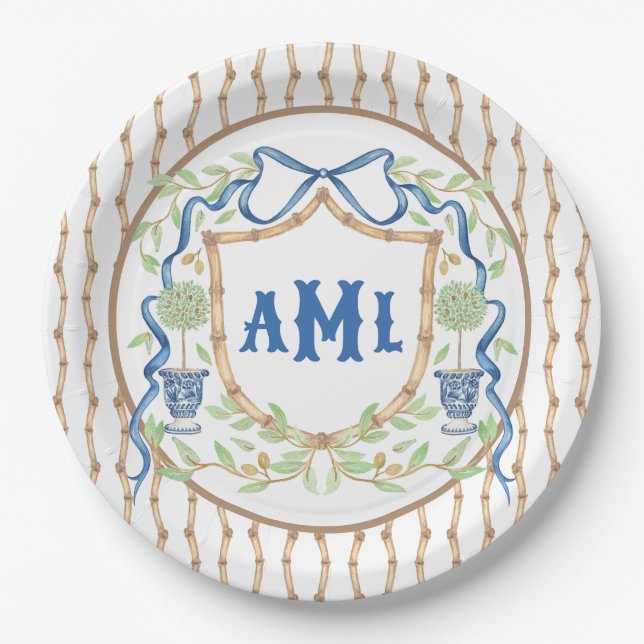 Bamboo & Olive Topiary Crest | Monogram Paper Plate (Front)