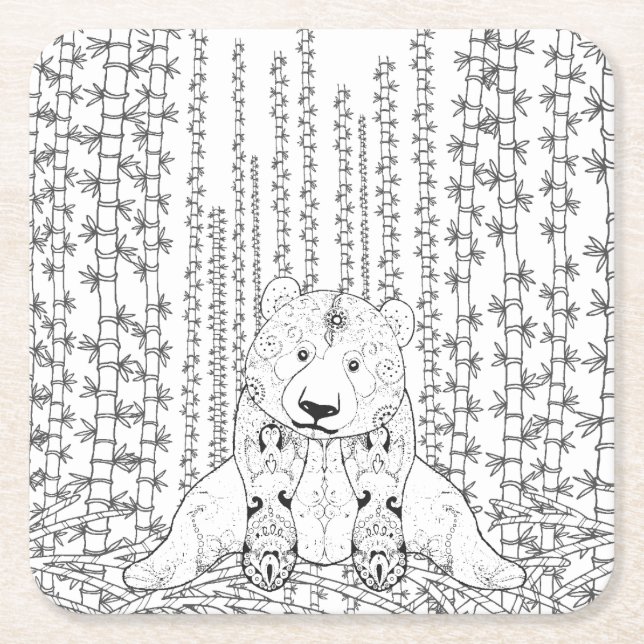 Bamboo Panda Doodle Square Paper Coaster (Front)