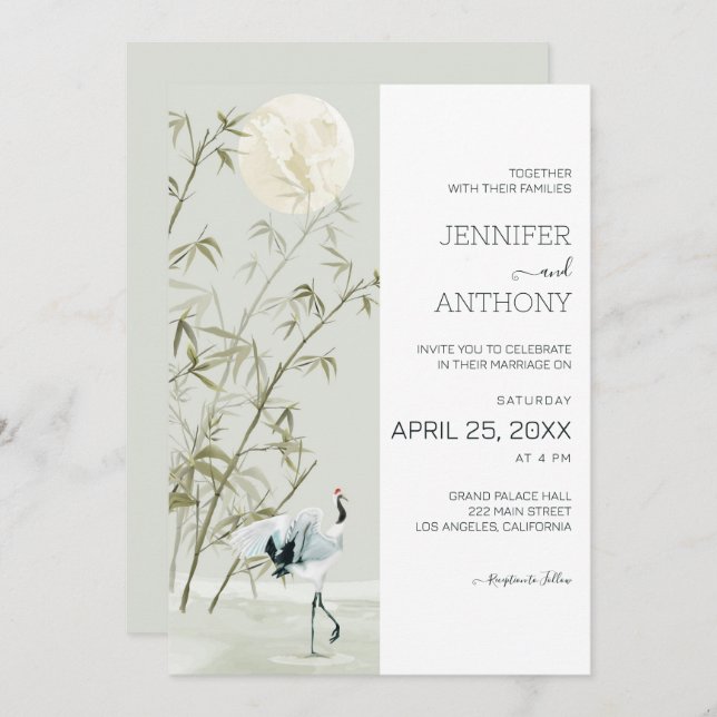 Bamboo Plants and Crane Wedding Invitation (Front/Back)