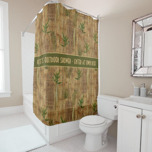 Bamboo shower curtain with customisable text (In Situ)