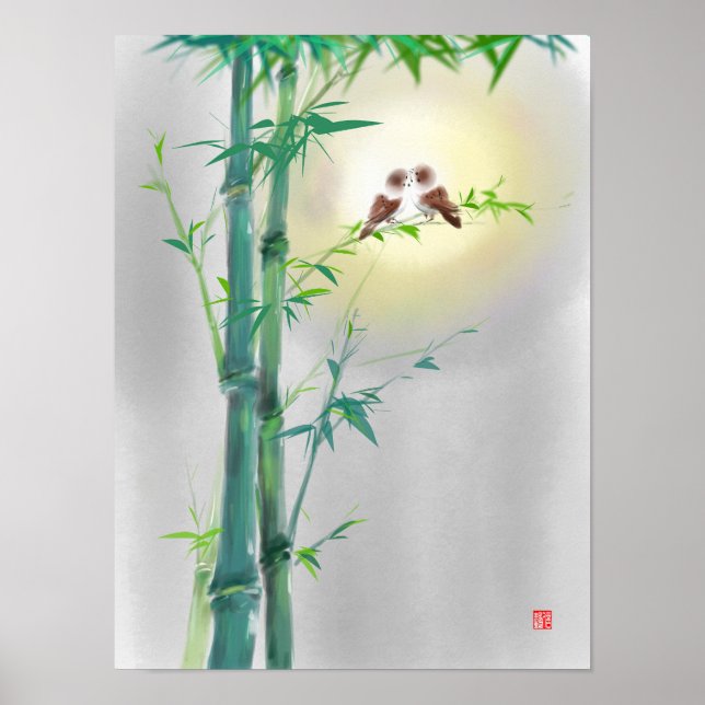 Bamboo Sparrow Couples Ink Art Print Poster (Front)