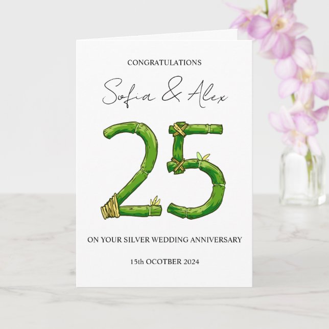Bamboo Style 25th wedding anniversary greeting Card (Orchid)