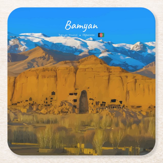 Bamyan, Afghanistan - Buddha Cliff Valley Square Paper Coaster (Front)