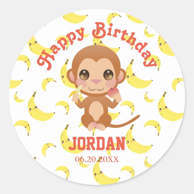 Banana Baby Monkey Happy Birthday Classic Round Sticker (Front)