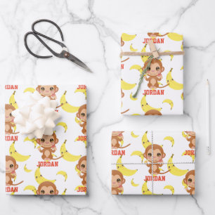 Banana Baby Monkey Happy Birthday Wrapping Paper Sheet