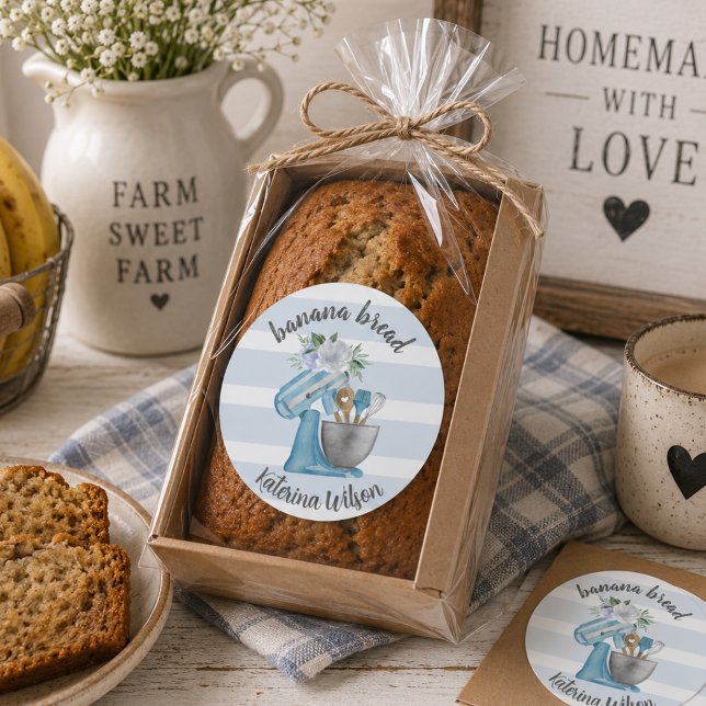 Banana Bread Label Blue Flower Mixer Small Bakery (Creator Uploaded)