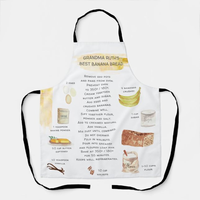 Banana Bread Watercolor Recipe Heirloom Apron (Front)