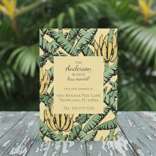 Banana Bunch New Address Moving Announcement Cards (Modern We've Moved New Address Card. Chic Tropical Yellow Banana Bunch & Leaves Pattern in Yellow)