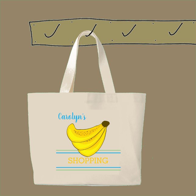 Banana bunch, stripes, your name, shopping large tote bag (Creator Uploaded)