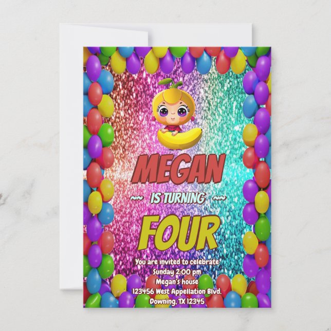 Banana cartoon birthday invite for kids (Front)