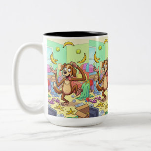 Banana Juggling Dog – Whimsical Animal Comedy Two-Tone Coffee Mug