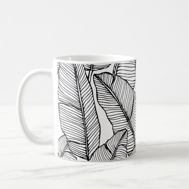 Banana Leaf Black White Illustration Coffee Mug (Left)