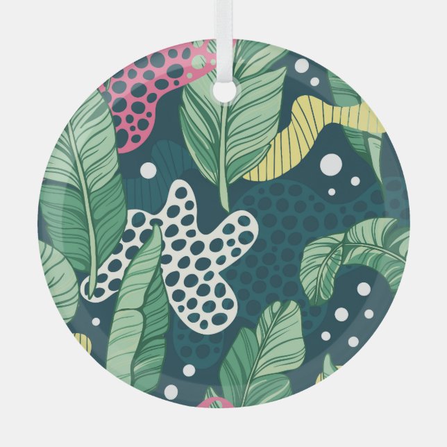 Banana leaves abstract, trendy colours glass tree decoration (Front)