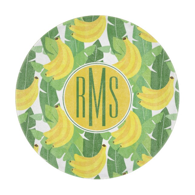 Banana Leaves And Fruit Pattern | Monogram Cutting Board (Front)